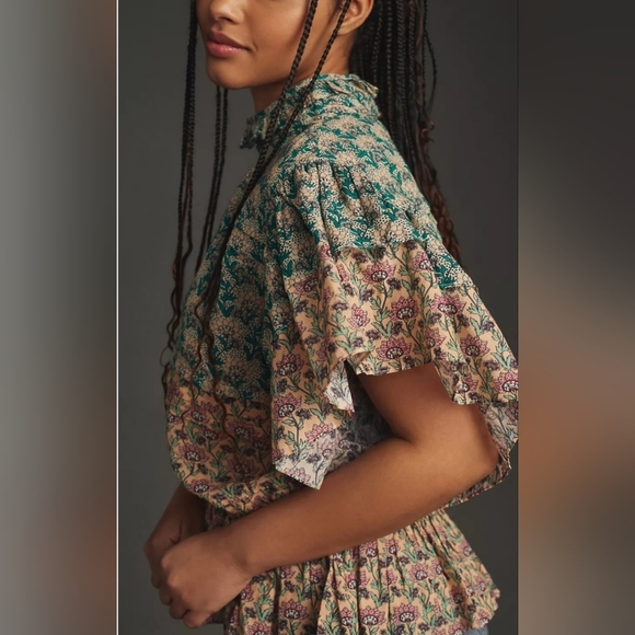 ANTHROPOLOGIE Let Me Be High-Neck Printed Peasant Blouse. Teal/mauve. XXS NWT - Picture 7 of 16